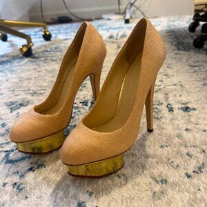 Charlotte Olympia Dolly Tan Woven Raffia Heels - Size 6.5
